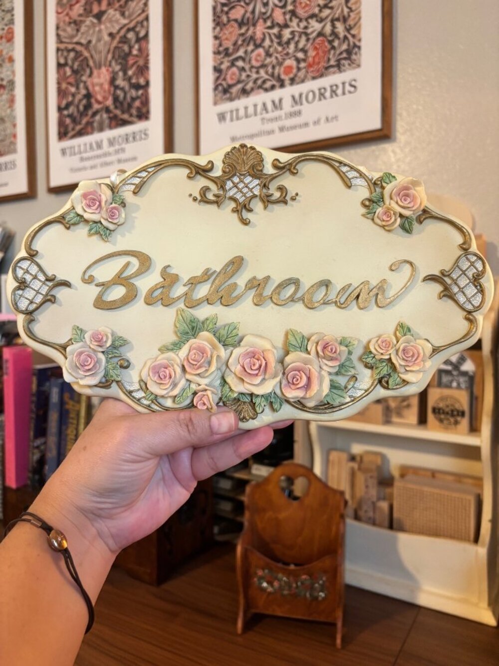 Vintage Bathroom Wall Plaque With Pink Roses & Gold Accents  Decorative Sign